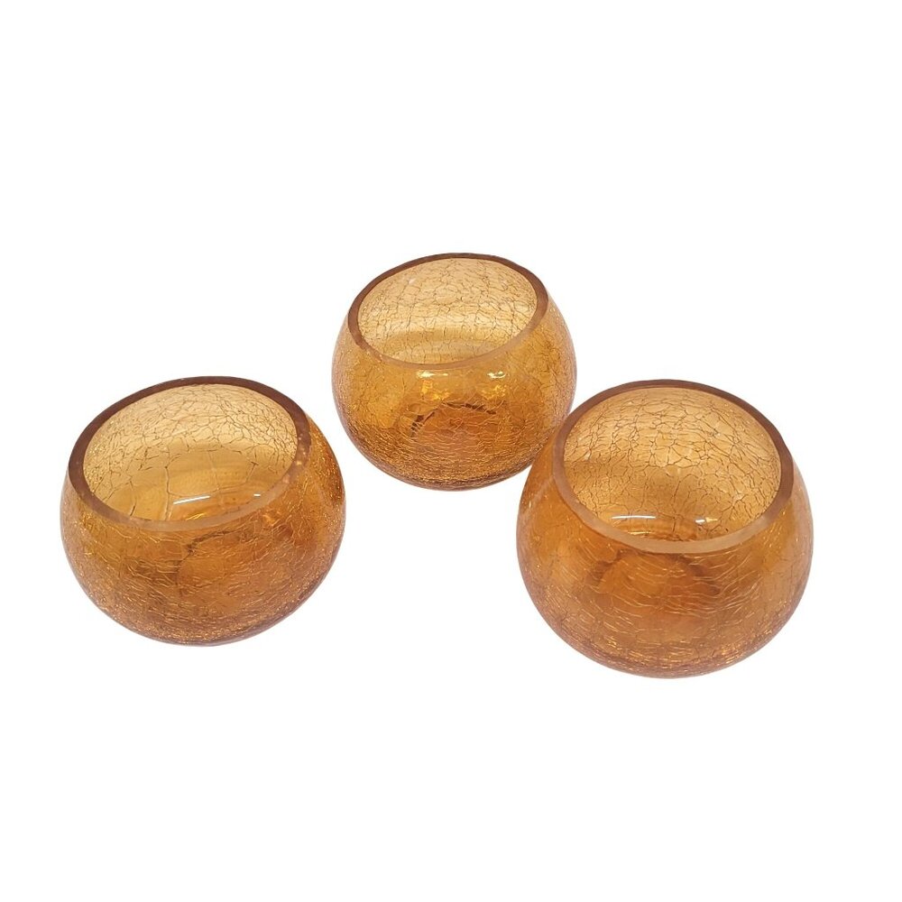 Crackled Glass Set 3 Votive Amber Candle Holders 1980s Vintage 3'' T
